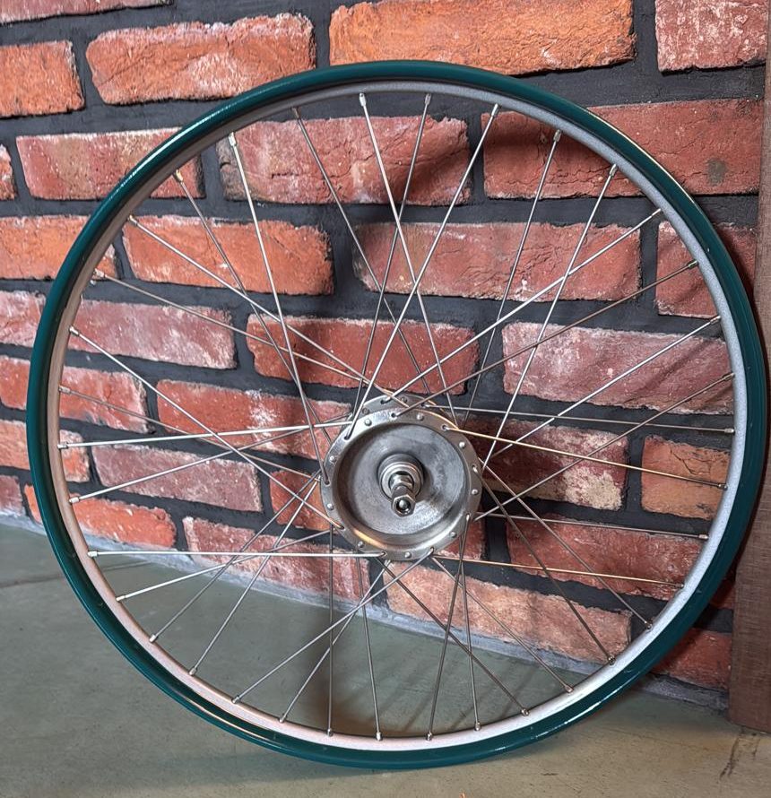 Wanderer vintage motorcycle wheel with a green rim